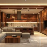Modern living room with sofa, coffee table, wooden accents, and large windows.